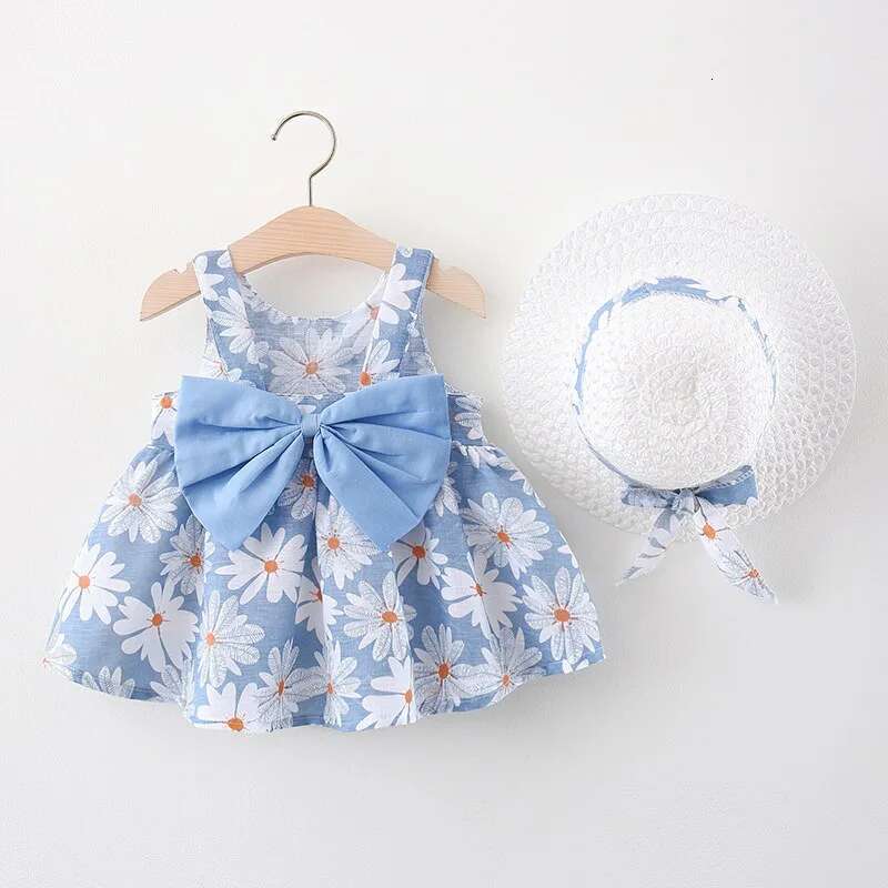 Summer 2/Piece Set Of Baby Girl Hat Girl's Big Bow Casual Cotton Print Cute Round Neck Sleeveless Dress
