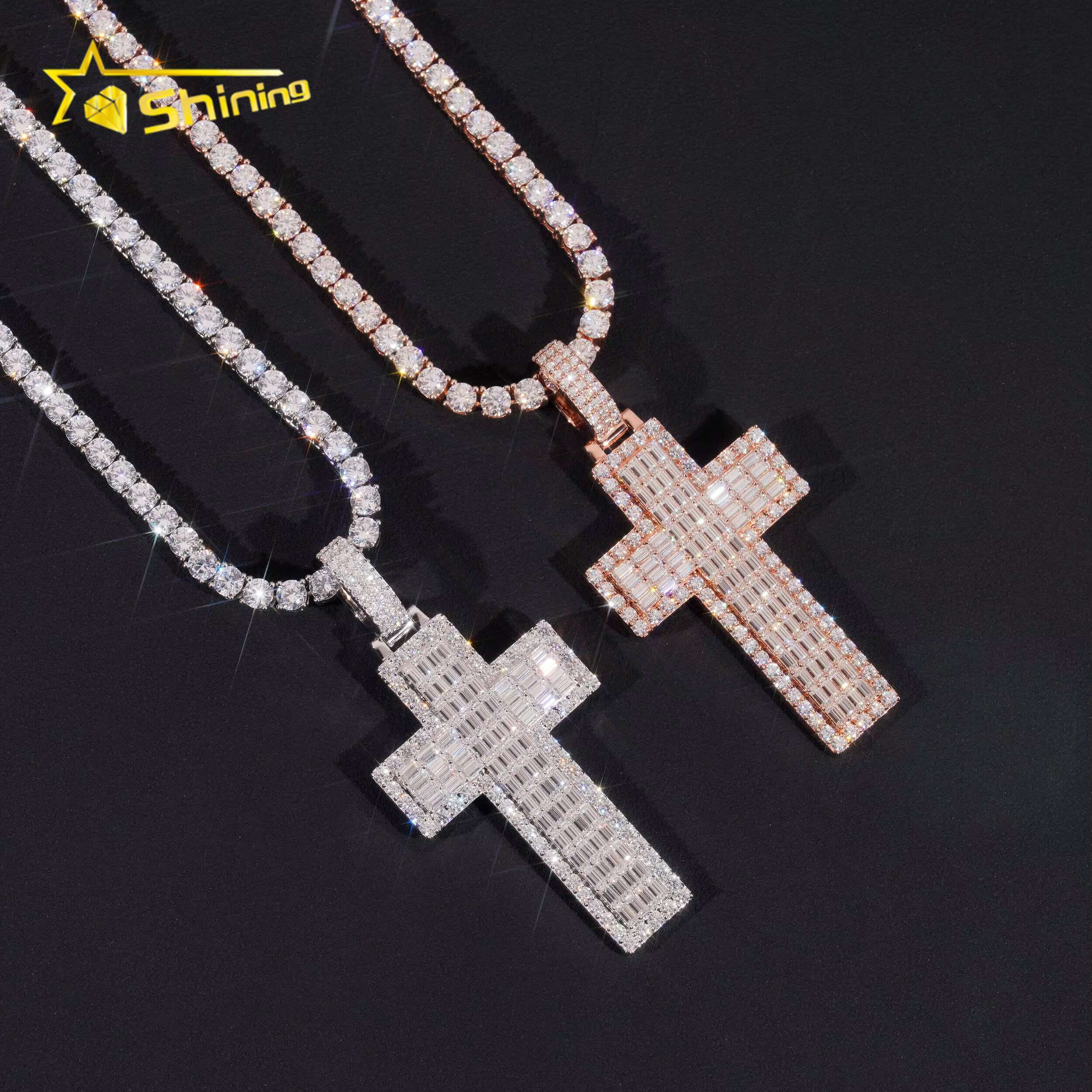 New Baguette Moissanite Cross Pendant 925 Sterling Silver Gold Plated Pass Diamond Tester GRA Moissanite Charms Necklace