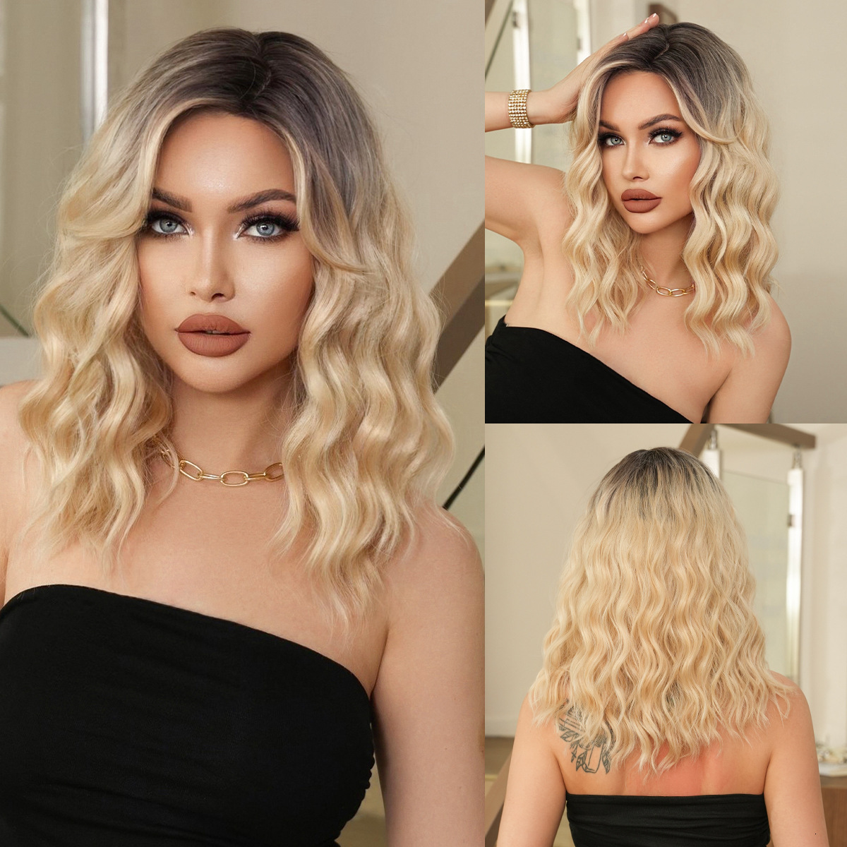 brown Natural wig for women shoulder length curly hair with side parted bangs dyed gold synthetic heat-resistant fiber wig