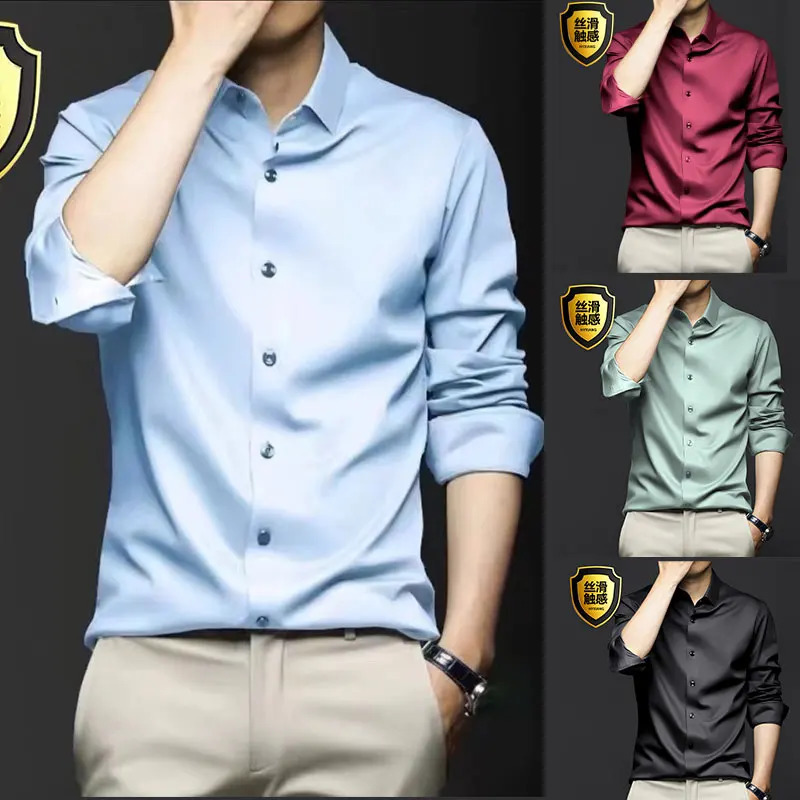 6XL mens long sleeved spring and summer ice silk formal highquality business casual fashion iron free large slim fit 250427