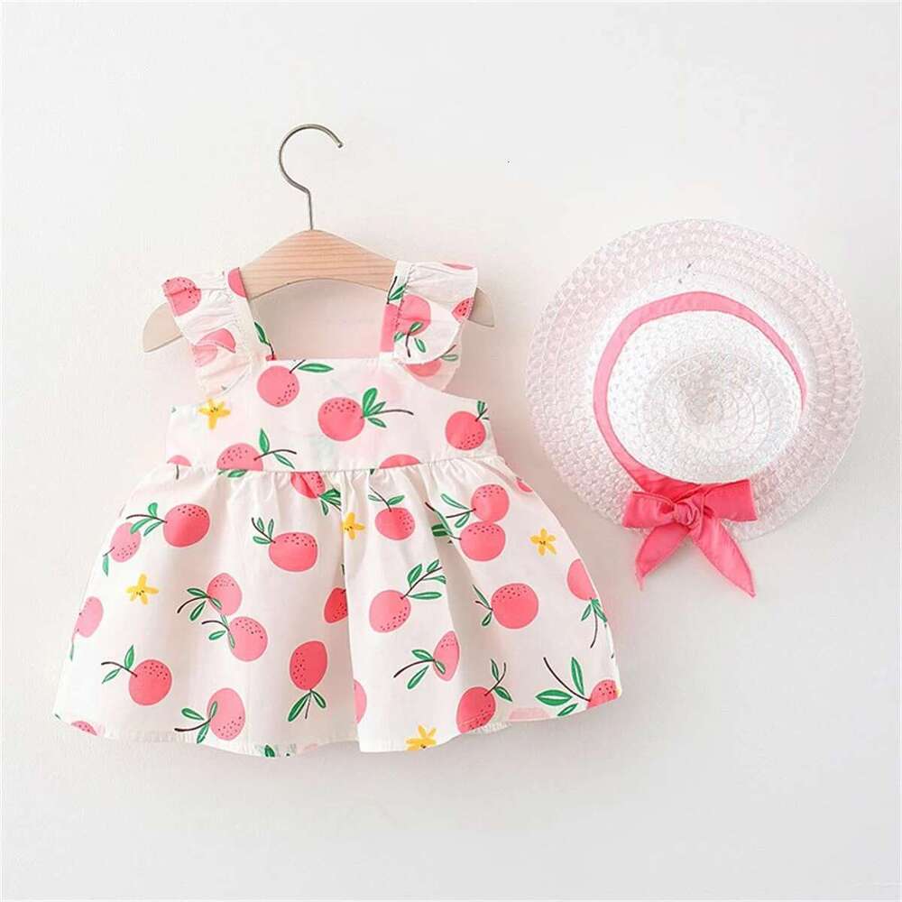 2Pcs/Setsummer Girls Dress Children's Clothing New Small Suspender Bow Orange Print Vest Skirt With Hat As A Gift