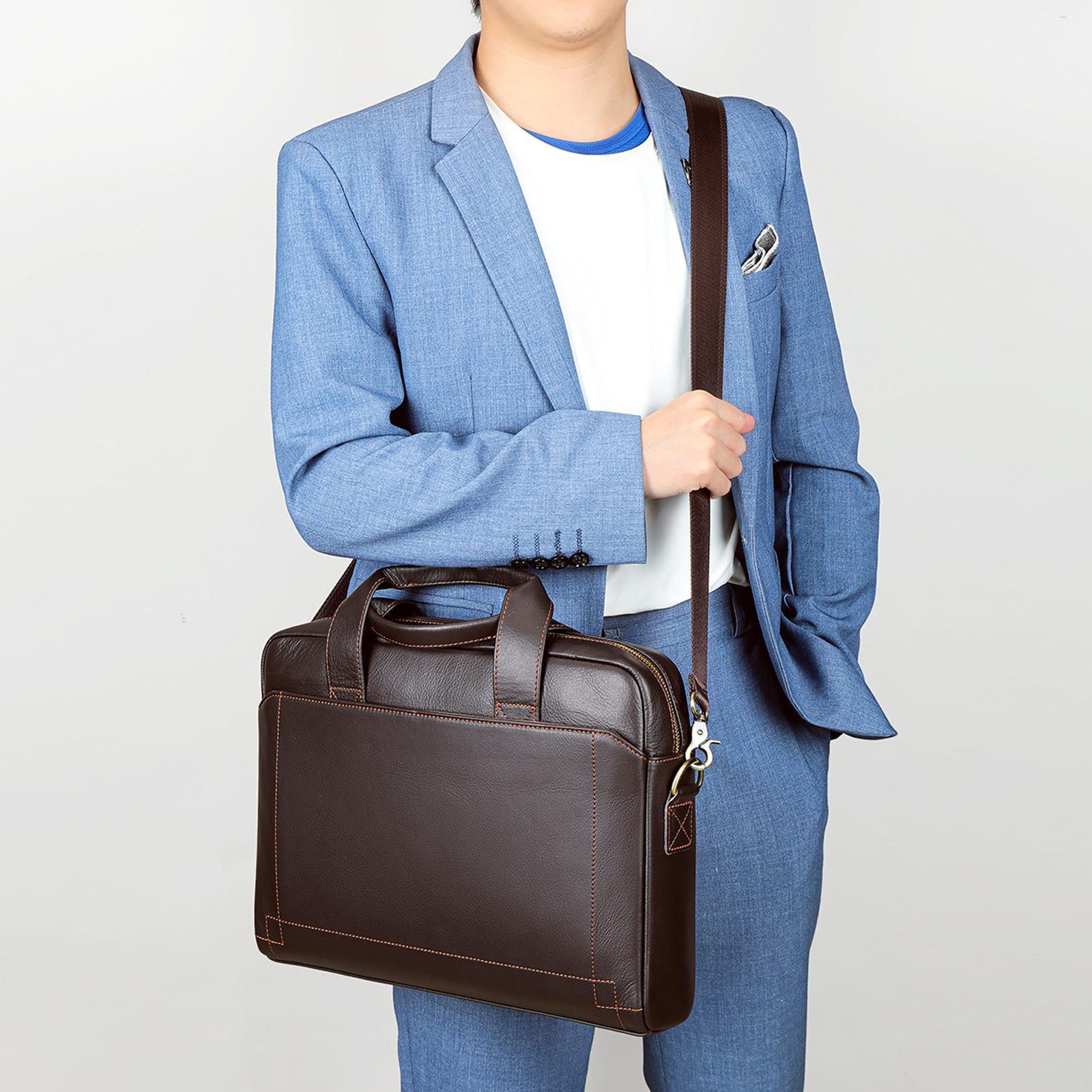 Malunte men's handbag with top layer cowhide briefcase, leather laptop bag, official bag