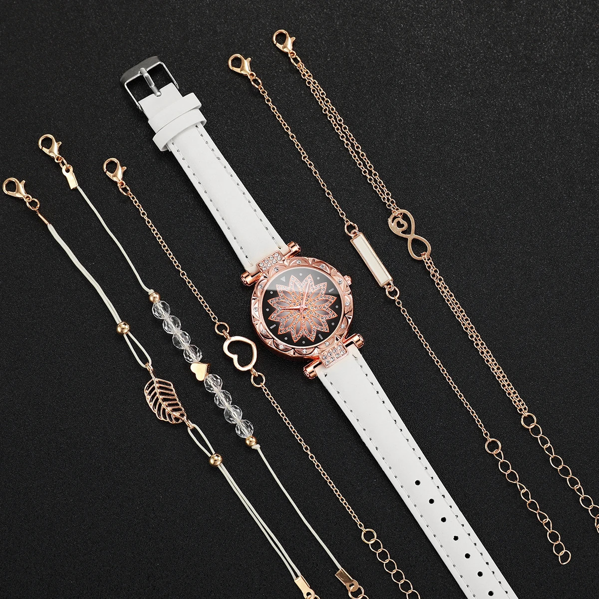 6-piece/set womens fashionable rhinestone flower dial quartz watch bracelet set frameless 250425