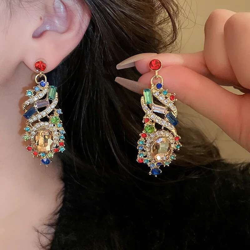 3 Pcs Colorful Rhinestone Necklace Earring Set Vintage Oval Drop Earrings Temperament Choker Necklaces Bride Jewelry Sets