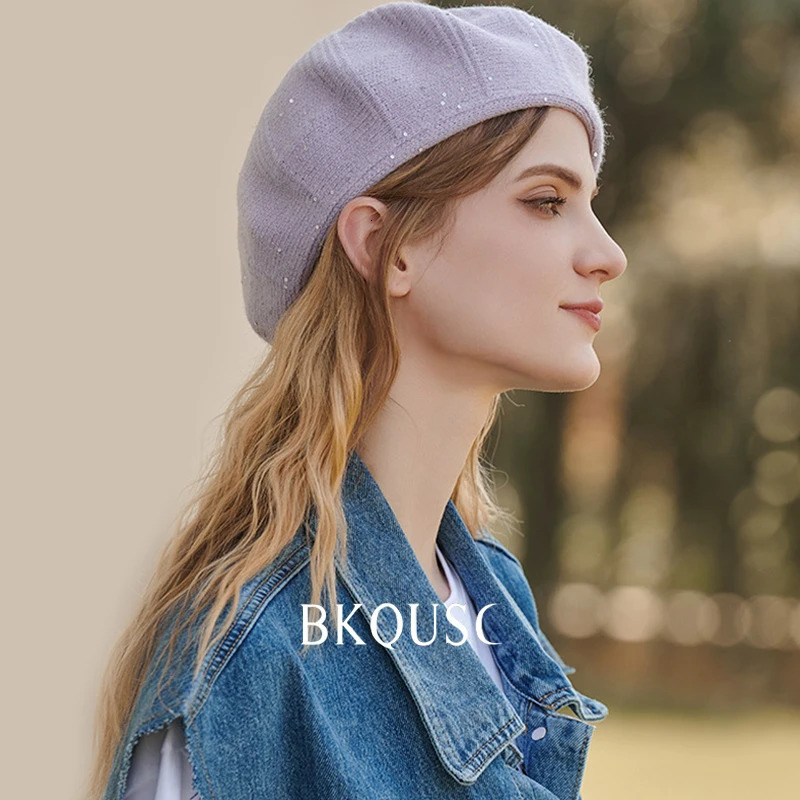 Fashion sequined velvet knit beret womens spring and winter hats warm and soft wool knit elegant artist beret 250430