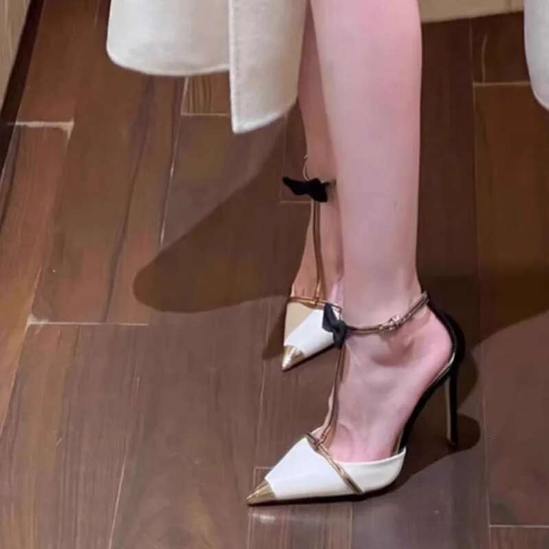 Fashion Designer Women's Bowknot Hollow Sandals T-Shaped Stilettos With Buckle Sexy Pointed High Heels Party Shoes
