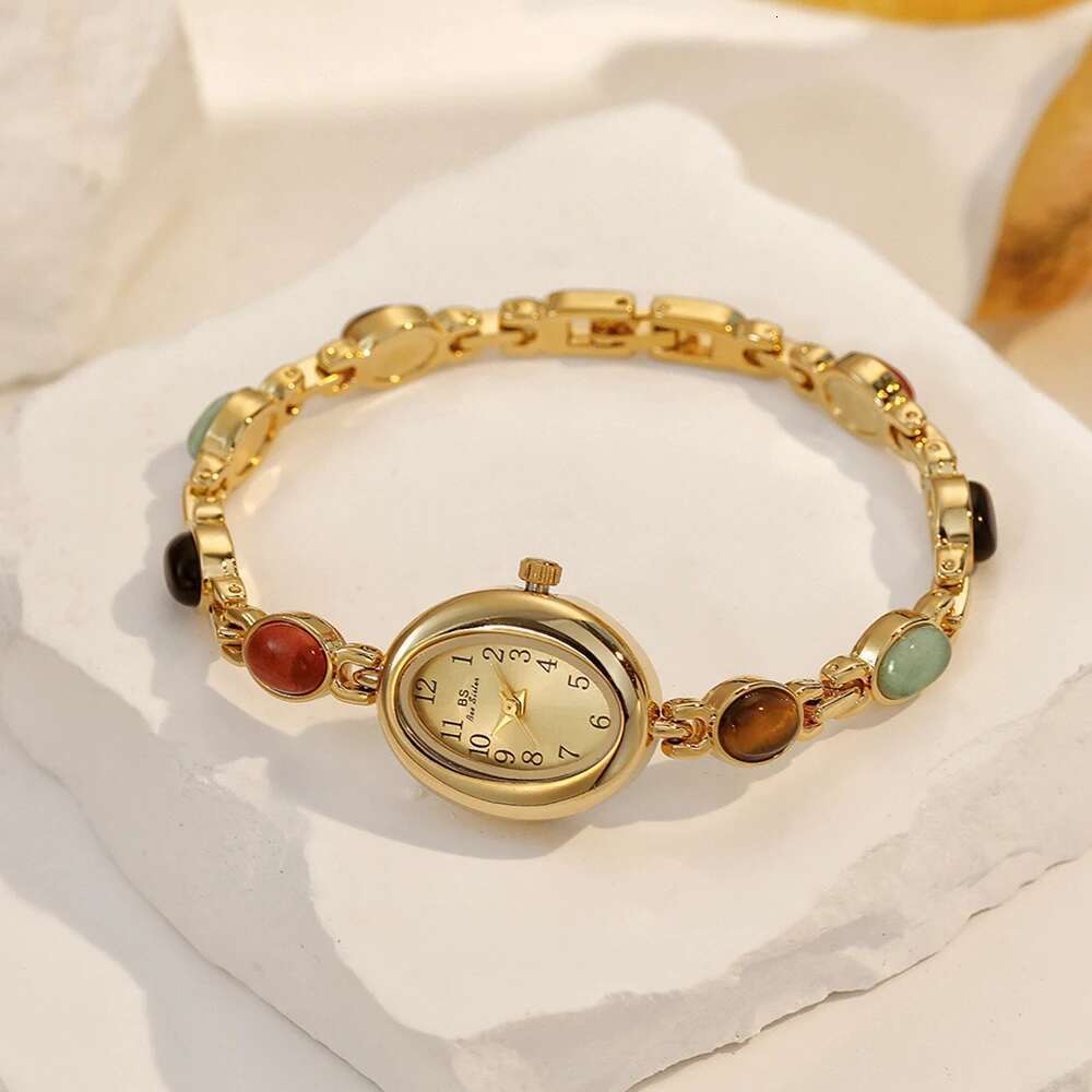 Women's Watch Vintage Natural Colorful Jade Bracelet Wristwatches Clock, Elegant Small Oval Dial Quartz Watch Waterproof