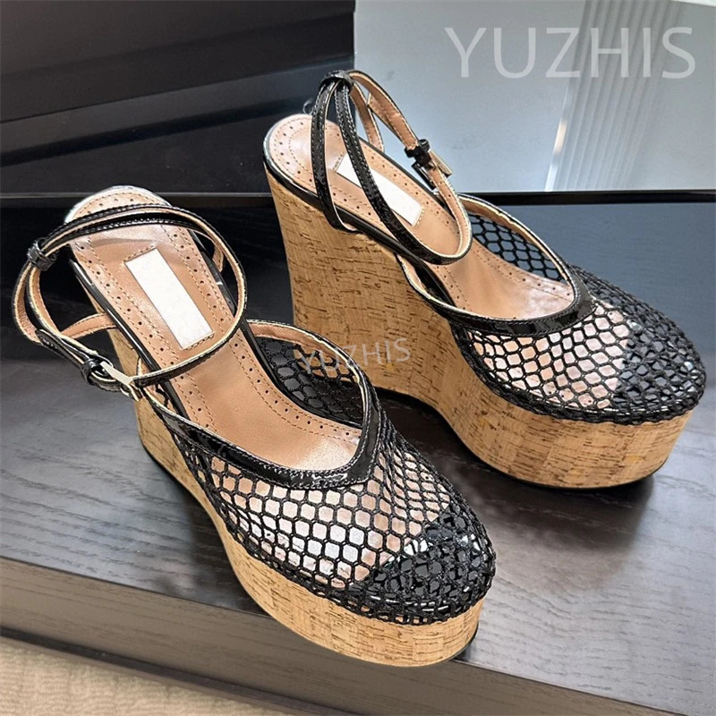 Summer Breathable Mesh Wedge Heels Platform Sandals Women Thick Sole Super High Heels Rome Sandals Sexy Dress Party Pumps Mujer 250428