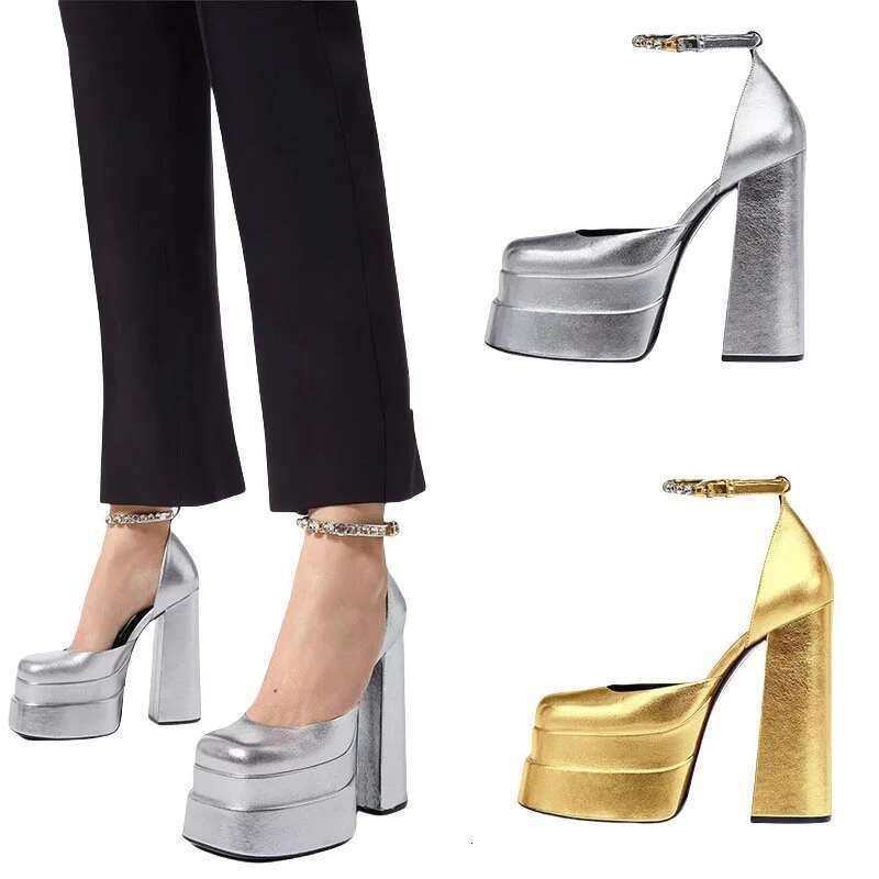 Square Toe Heel Platform Ankle Strap Solid Color Single Shoes Elegant Fashionable Women Sandals Gold High Heels