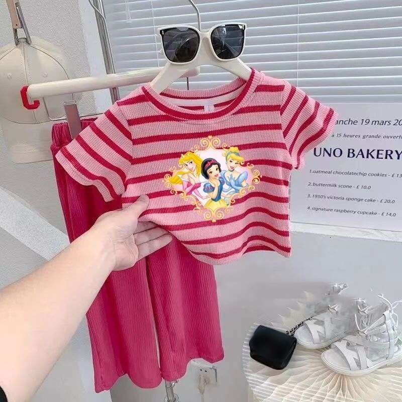 Baby Girl Striped Short Sleeved 2025 Summer New Cartoon Printed Western-Style Cool Wide Leg Pants Two-Piece Set For Children