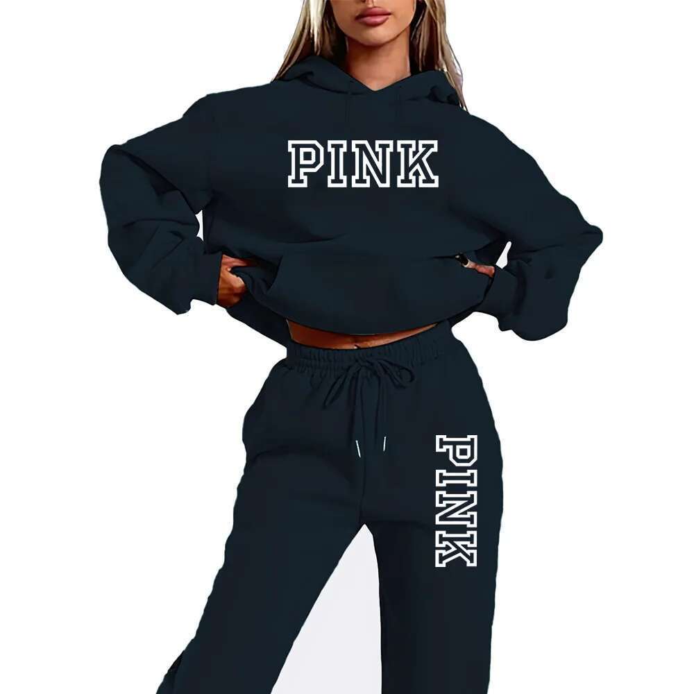 Pink Lady Hoodie And Skinny Pants 2 Piece Hooded Sweatshirt Outfit with Letter Print Sporty Tracksuit Fashionable Ladies Set