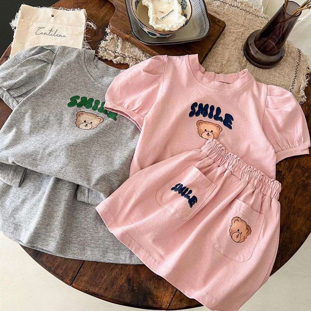 Korean Version Girl's Ins Children's Printed Short Sleeved T-Shirt Half Skirt Two-Piece Set Baby Fashionable Summer Clothing
