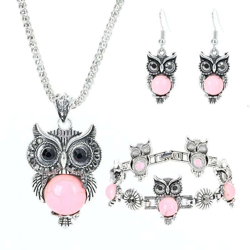 European And American Retro Set Ethnic Style Turquoise Owl Pendant Inlaid Earrings Necklace Bracelet Women's Jewelry