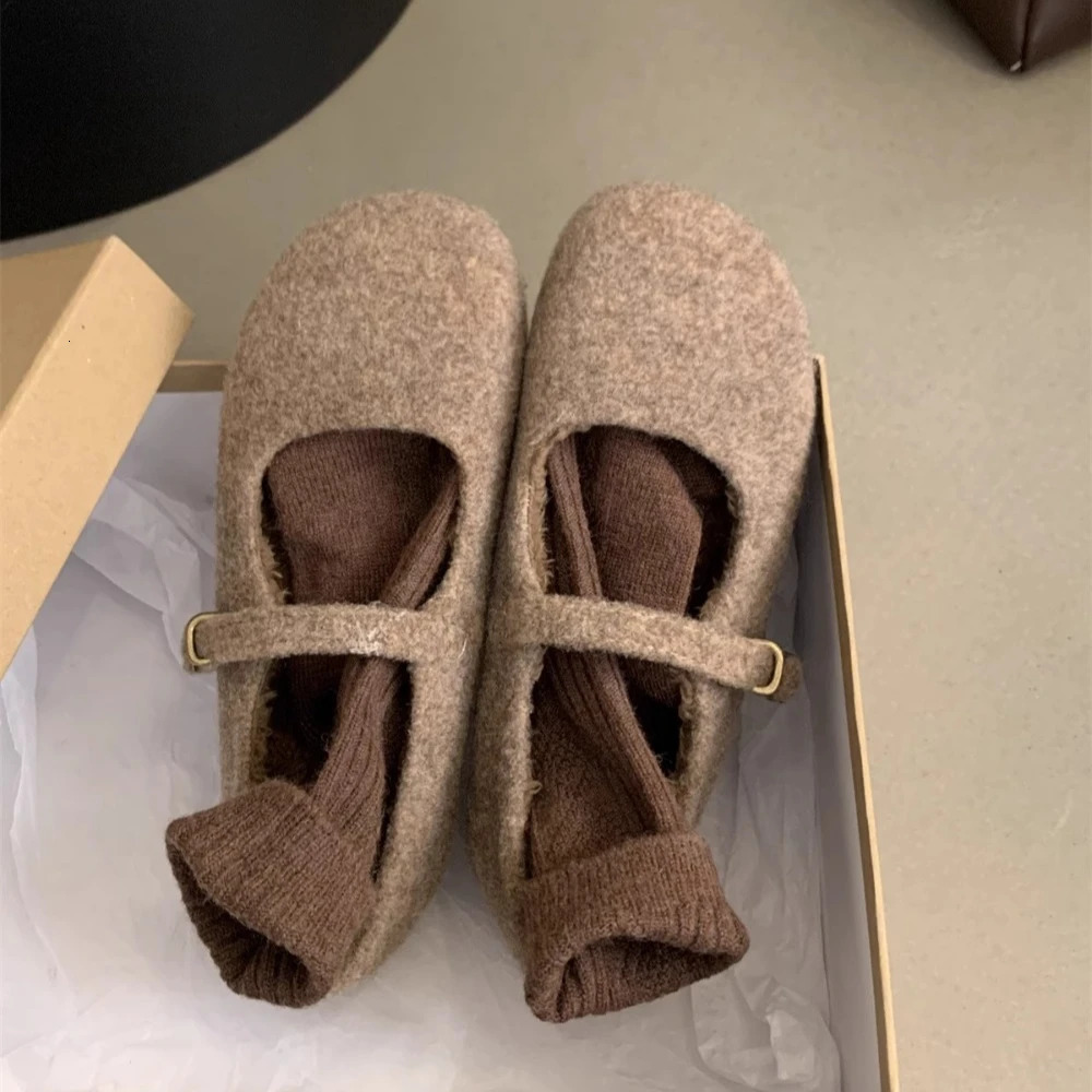 Fashion Square Toe Wool Ballet Apartment Womens Winter Warm Wool Mary Jane Shoes Womens Elegant Plush Coat 250425