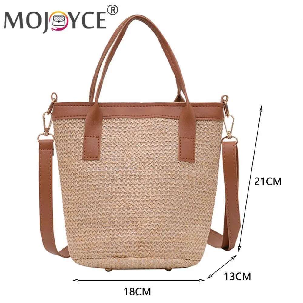 Women Fashion Bucket Straw Shoulder Bag PU Woven Totes Crossbody Handbags