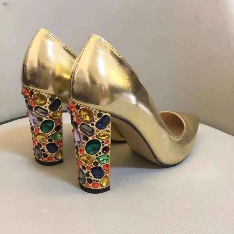 Brand Designer Rhinestone Pointed Toe Thick Heel Sandals Gold High Heels Sexy Casual Shoes Women