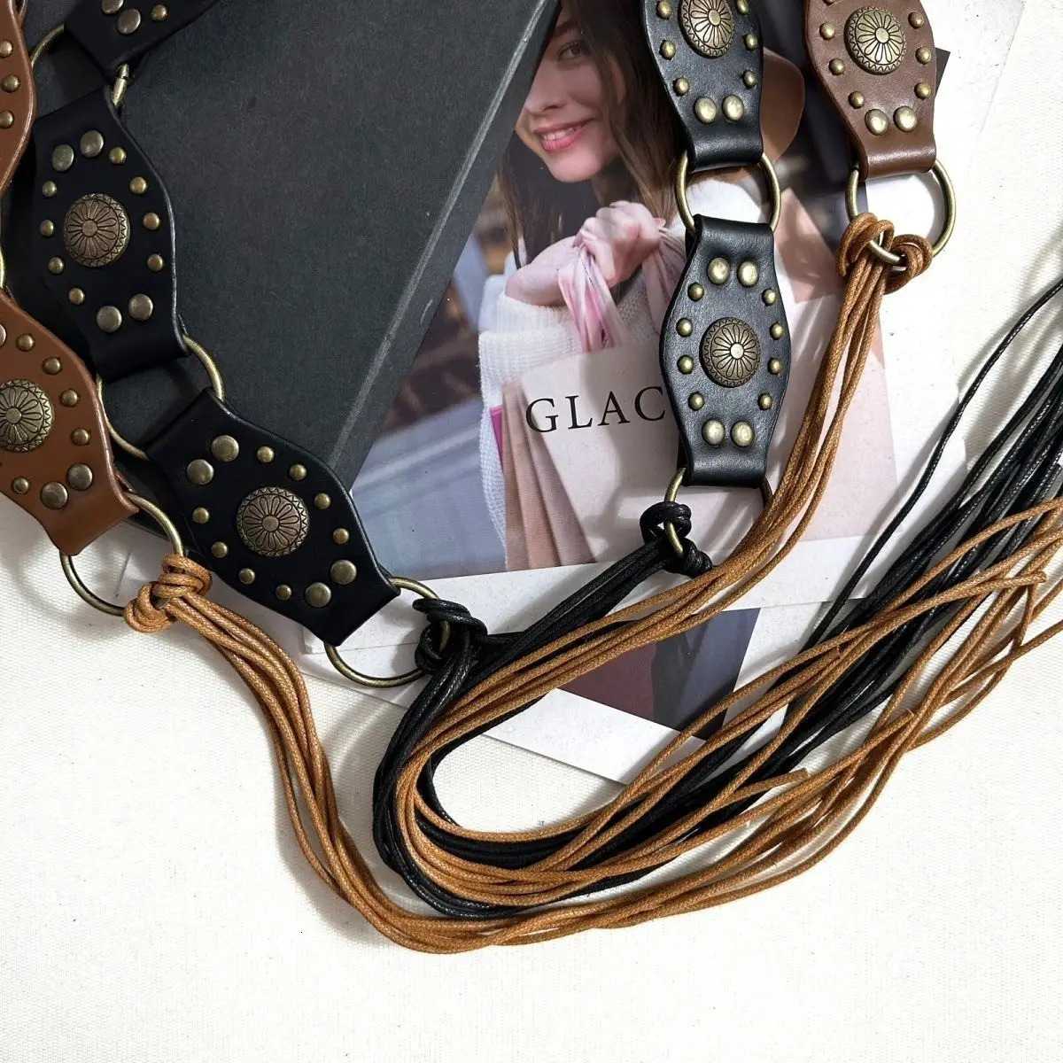 American Retro Black Rivet Metal Buckle Belt Womens Spliced Belt Millennial Spicy Girl Y2k Sense Strap Waist Rope 250430