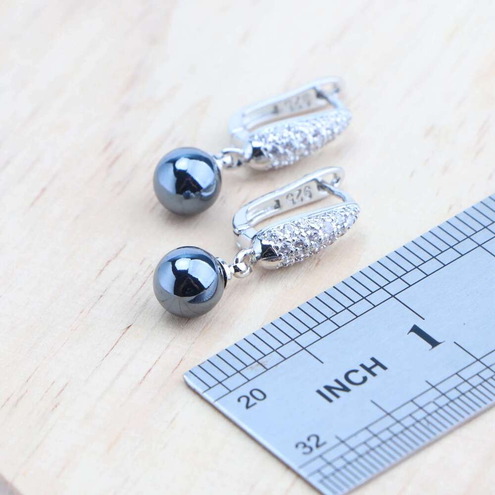 Sier Sets Bridal Black Pearls Natural White CZ Ring Bracelets Earrings Pendants Necklace Set Women Wedding Jewelry