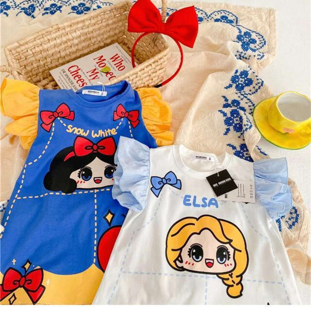 Girl's T-Shirt 2025 Summer New Edition Elsa Snow White Runaway Princess Little Flying Sleeve Printed Baby Dress Stylish