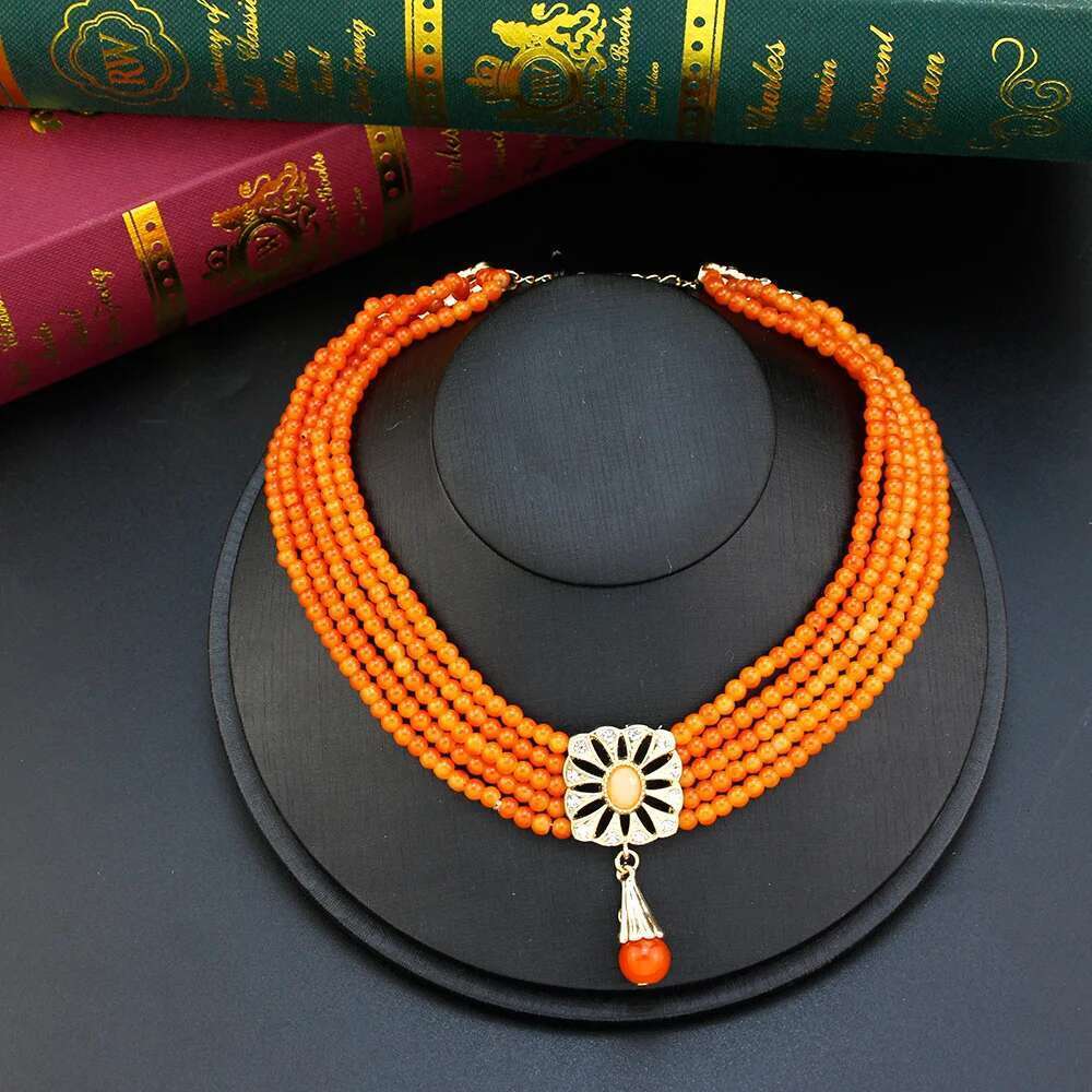 Neovisson Elegent Morocco Jewelry Sets Gold Color Waist Chain Belt Orange Crystal Choker Necklace Drop Earring Brooch Gift