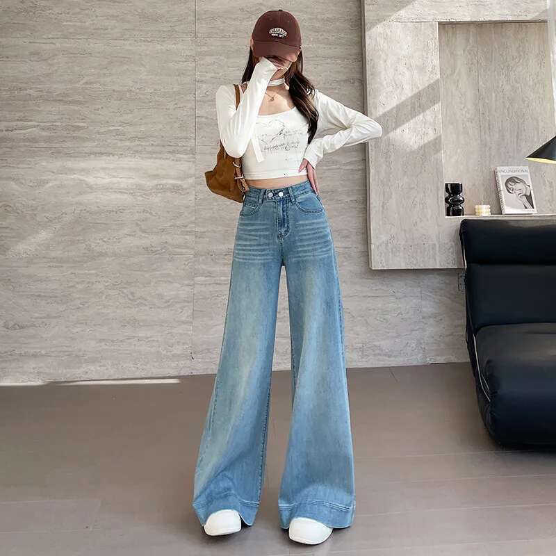 Spring and Autumn New Women's Soft Jeans Girls Small High-Waisted Wide-Leg Large Flared Casual Drag Pants