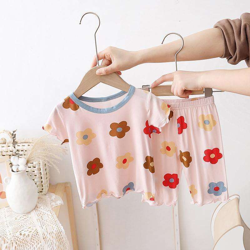 Girls' Set, Air Conditioning Suit, Ice Silk Soft Sleepwear, Summer Thin Design, Stylish Korean Style Short Sleeved Home Outfit For Baby Girls