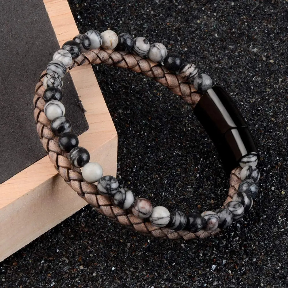 Natural stone bracelet genuine leather woven bracelet black stainless steel magnetic buckle tiger eye bracelet mens jewelry 250428