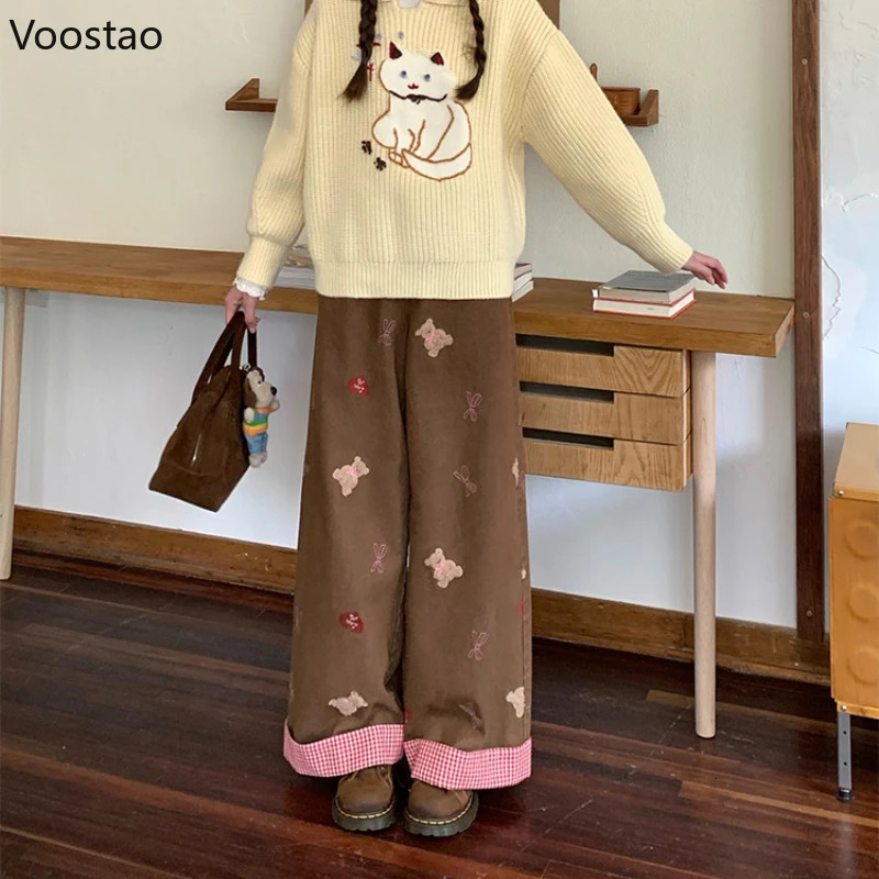 Harajuku Y2k lace high waisted jeans for women sweet cartoon bear embroidery plain weave wide leg denim pants 250423