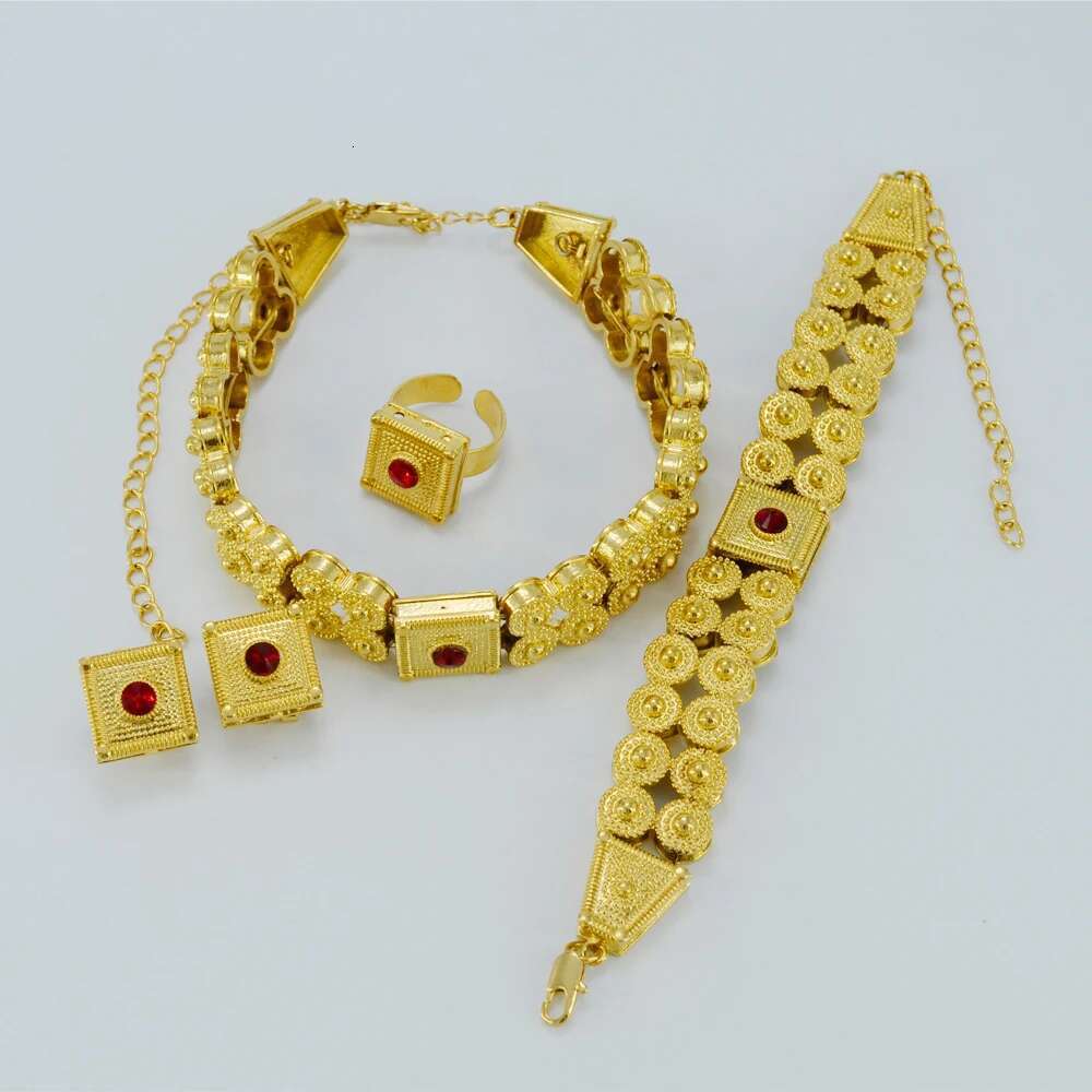 Africa Ethiopian Gold Color Chokers Necklace Clip Earrings Ring Habesha Eritrea Bridal Wedding Jewelry Gifts Set #J0791