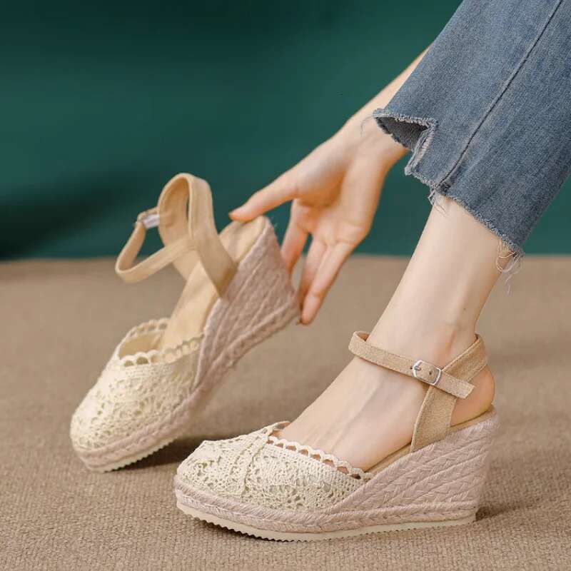 Fashion Designer Thick Sole Wedge Shoes Women Lace Breathable High Heels Canvas Buckle Sandals Gladiator Waterproof Platform Sh