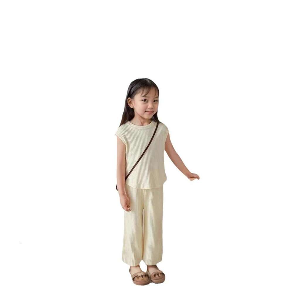 Girls' Summer Dress 2025 New Small And Medium Sized Ice Thread Sleeveless Tank Top Pants Casual Two Piece Set