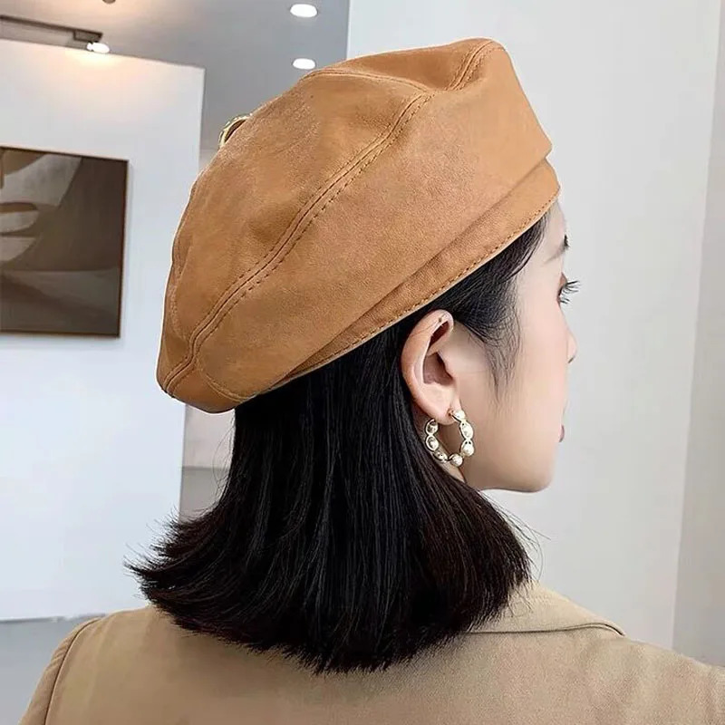 Spring/Winter 100% Genuine Leather Beret Womens Fashion European Pumpkin Paint Hat Womens Rainbow White/Red Thin Boina 250430