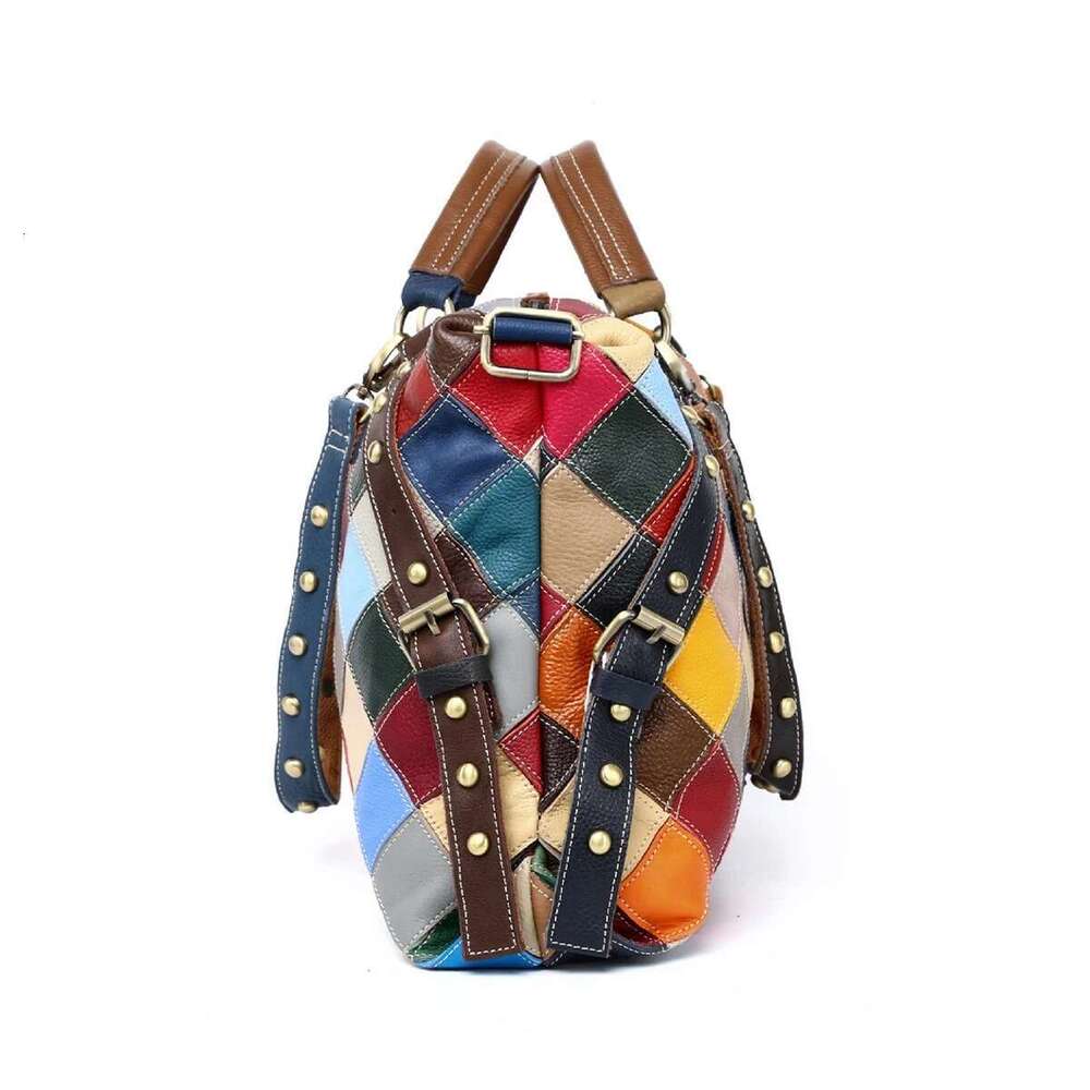 Leather Checkered Random Color Cowhide Rivets Women Multi-Purpose Hand Bill Shoulder Crossbody Bag