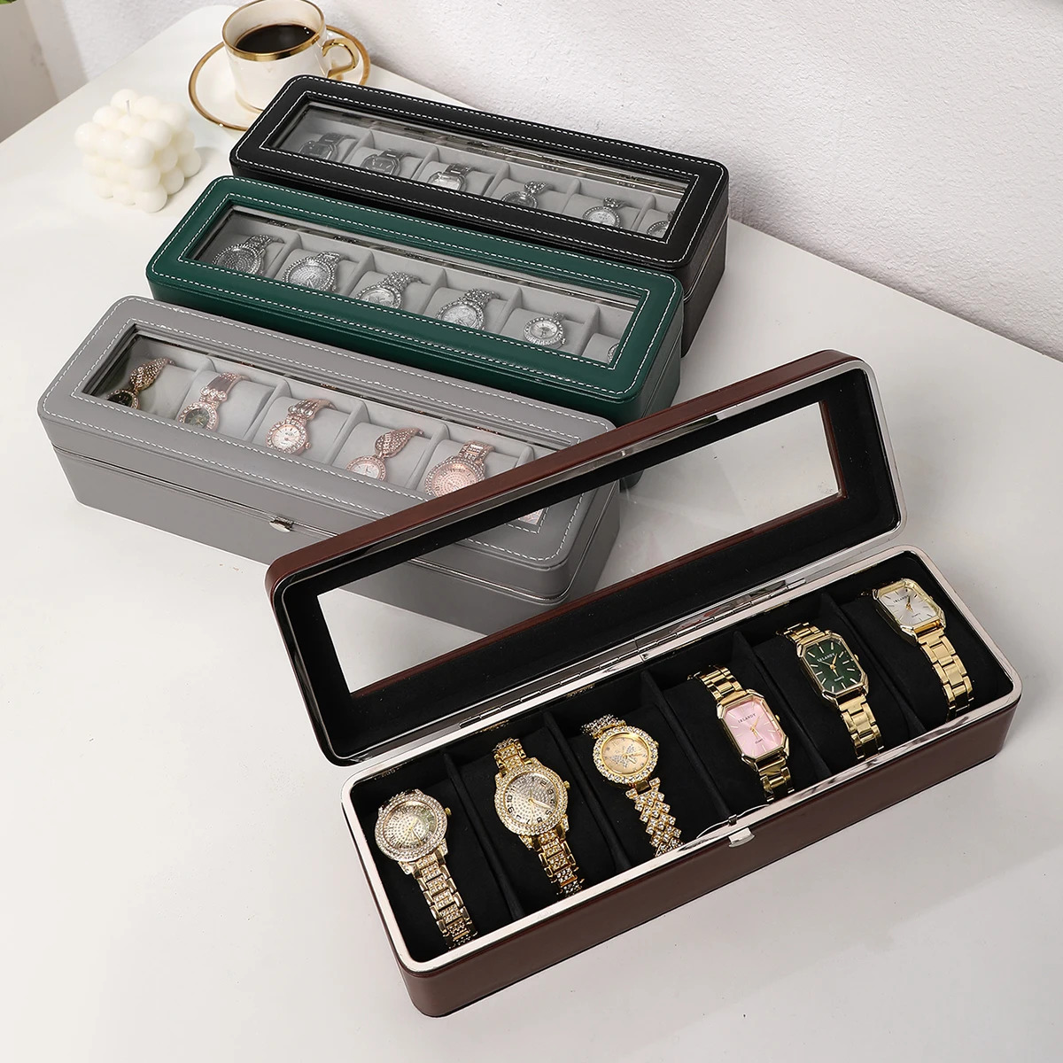 Portable leather watch box high-quality watch organizer jewelry storage box zipper easy to carry mens 6-slot watch box 250430