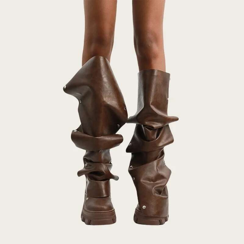 New Designer Comfortable Thick Soled Fashion Pleated Shoes Women Snap Button Mid Calf Boots