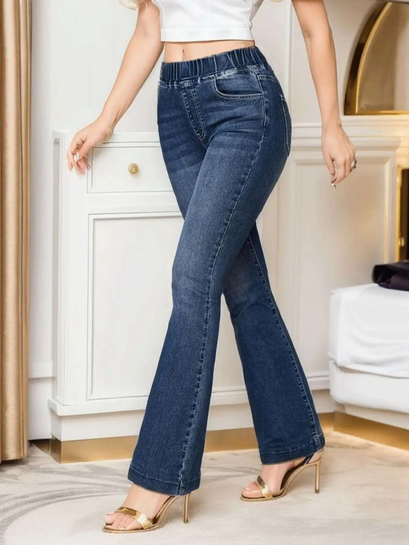Spring fashion New Fashion High Stretch Elastic Waist Boot Cut Jeans Slim Fit Hip Lift Denim Flared Pants Casual Skinny Trousers