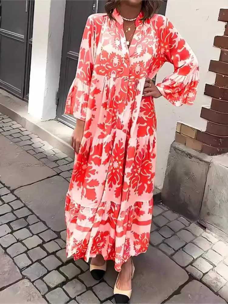 Elegant V-neck sparkling sleeves Bohemian long dress for women casual and loose autumn dress fashionable pattern printed button long party dress W2504