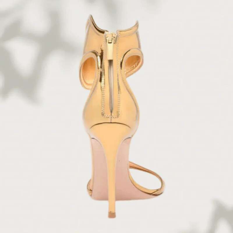 New Wave Ankle Strap Open Toe Hollow Sandals Shiny Back Zipper High Heels Fashion Show Party Women Shoes