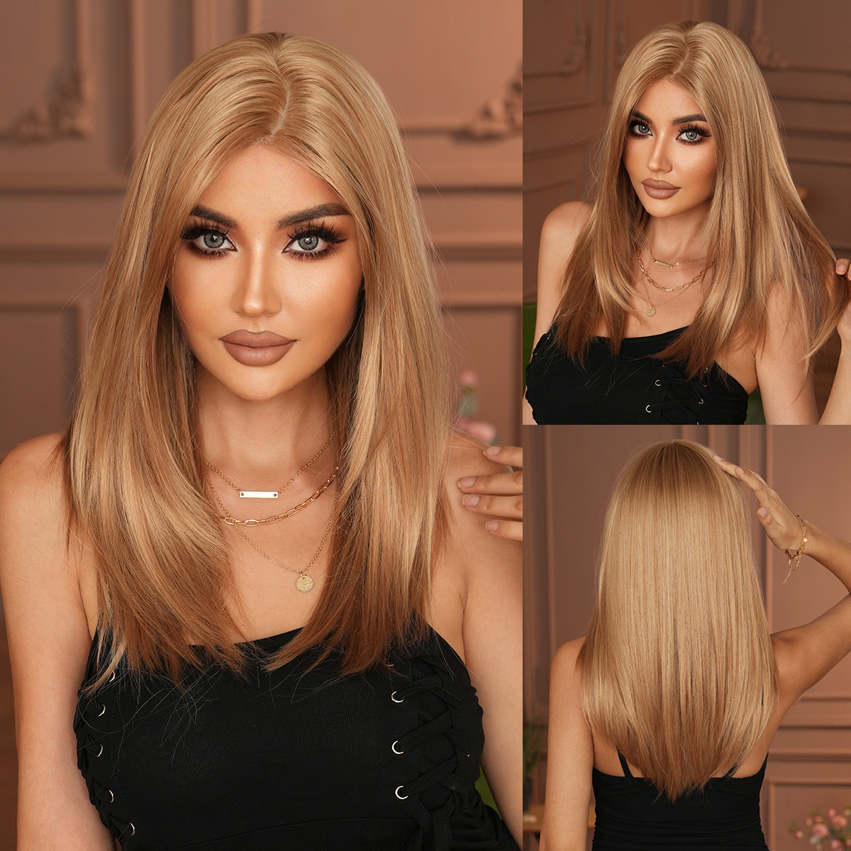 Hot Asian Girl Wig Gold Small Lace Wig Full Headset Layered Inner Buckle Straight Hair Simulation Sewing Wig