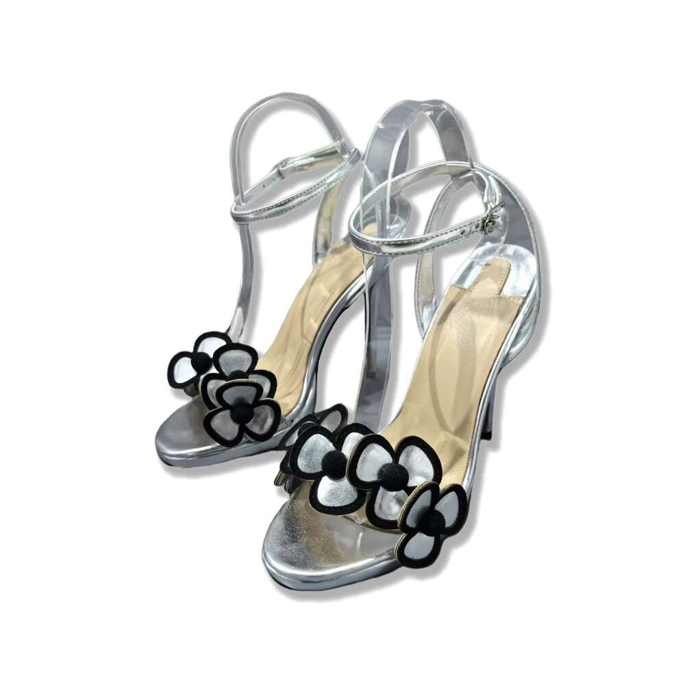 Fashionable Strap Sandals High Heel Round Toe Sier Flower Decorated Women Party Dance Shoes Woman