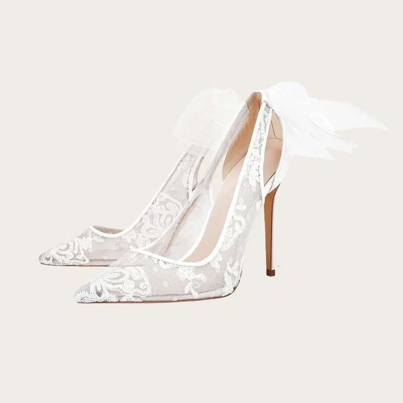 New Fashion White Lace High Pointed Bow Sexy Hollow Heels For Ladies Wedding Party Women Shoes