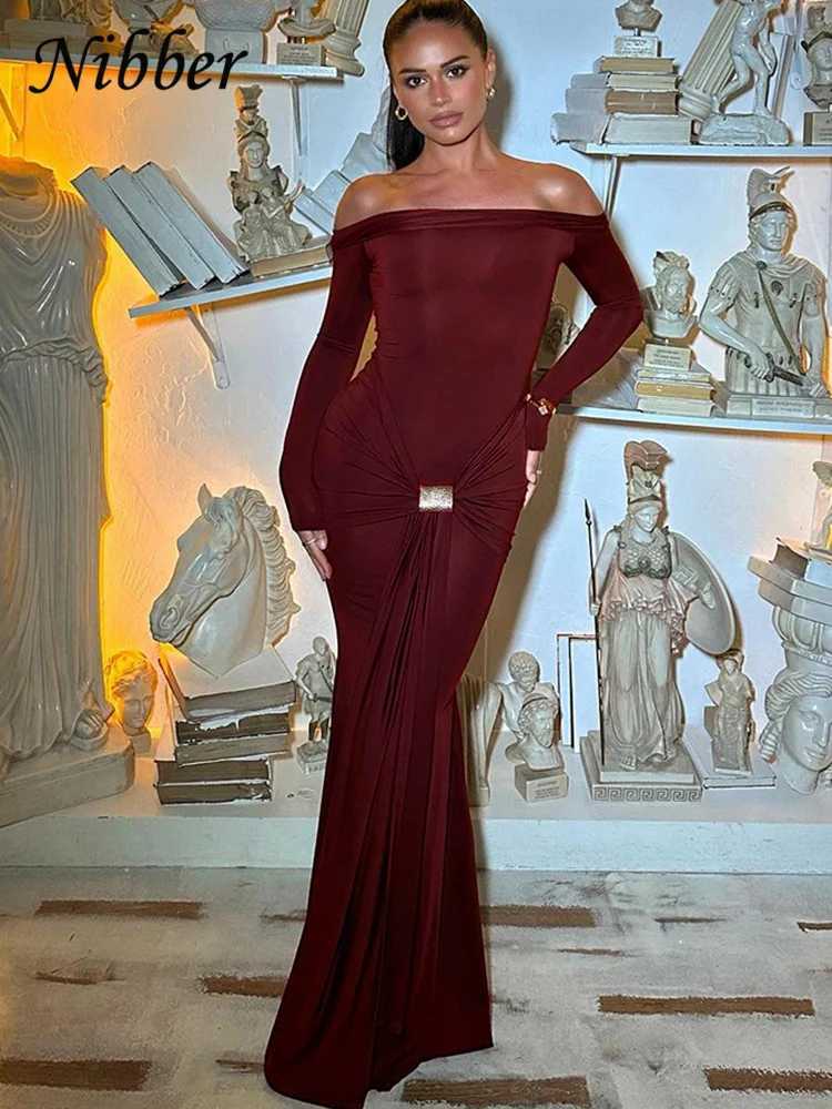 Nibber Elegant Party Dress Ruched Metal Buckle Ribbon Slash Neck Full Set Tight Stretch Birthday Party Slimming and Body Growth W250430