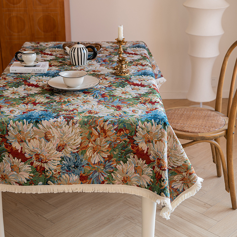 T0479 American cotton and linen tablecloth pastoral style high-end tablecloth oil painting style yarn-dyed jacquard tablecloth coffee table cover