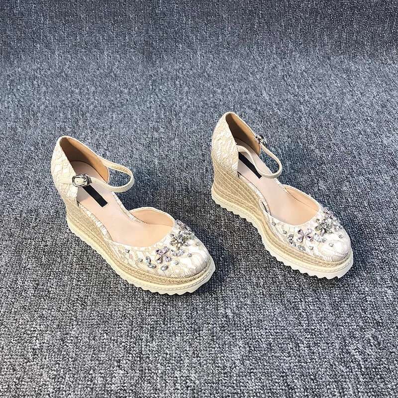 Buckle Strap Espadrille Wedge High Heels Bohemia Lace Wedding Ladies Summer Platform Casual Shoes Sandals Women