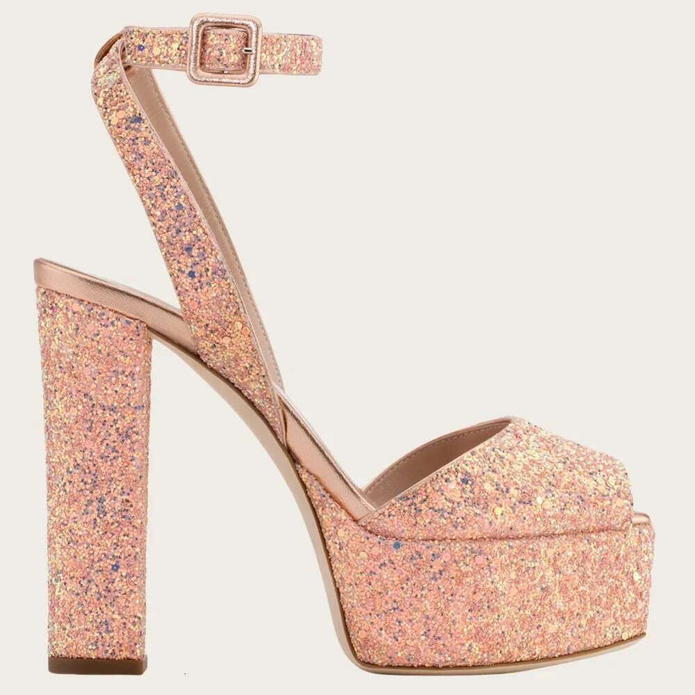 New Fashion Sequined Thick Soled Sandals Open Toe Block Heels Ankle Buckle Women's Party Dress Shoes
