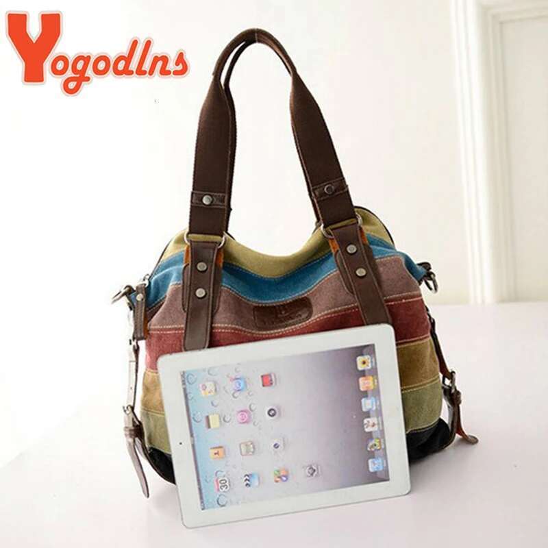 Yogodlns Canvas Totes Striped Womens Handbag New Patchwork Rainbow Shoulder Fashion Female Casual Crossbody Bag Sac a Main