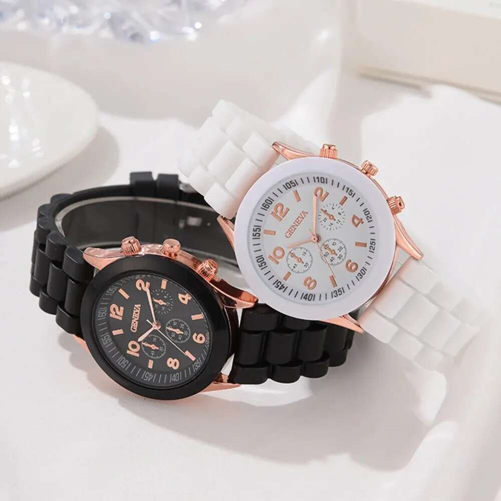 2Pcs Women's Set Fashion Elegant Alloy Wristwatch Silicone Strap Couple Watch Men Quartz Holiday Gifts