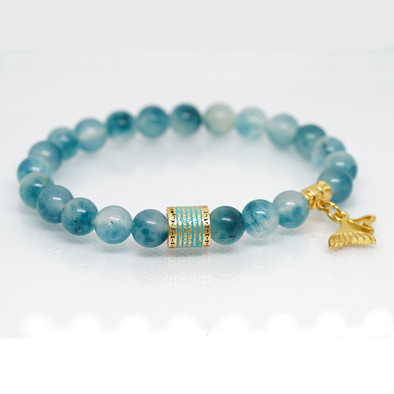 Five Line Mantra Energy Bracelet with Mermaid Pendant | Enamel-Coated Copper & Aqua Chalcedony Stone | Spiritual Jewelry for Courage & Beauty