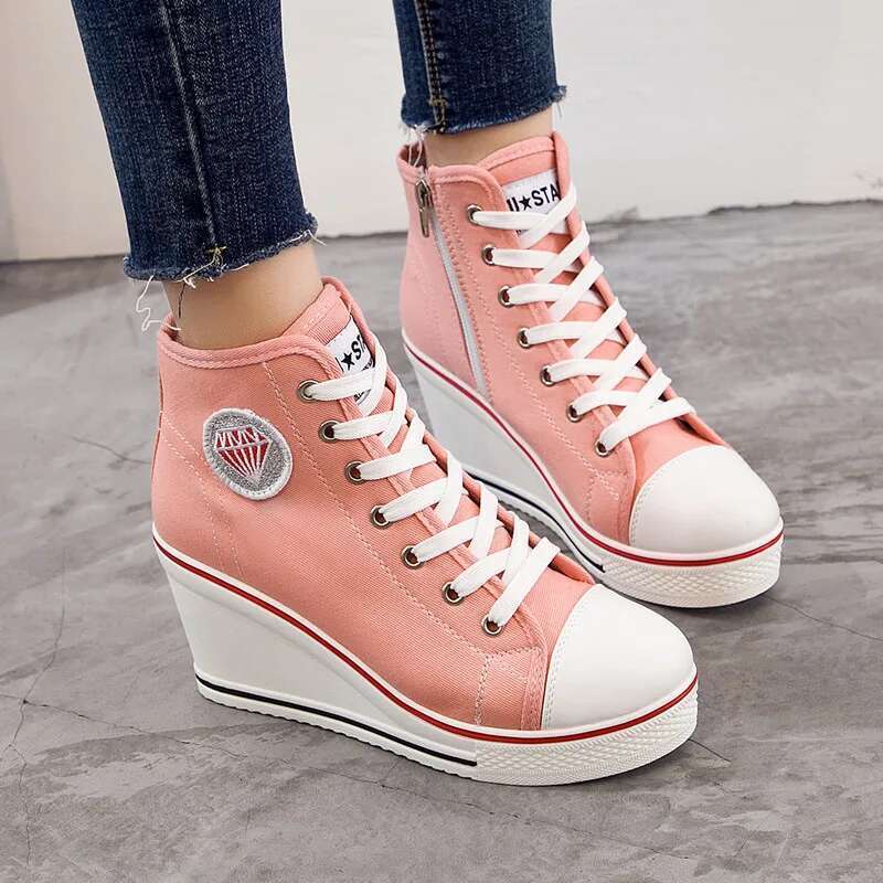 Spring and autumn heightened thick sole high-top solid color canvas casual large-size waterproof platform flat women shoes