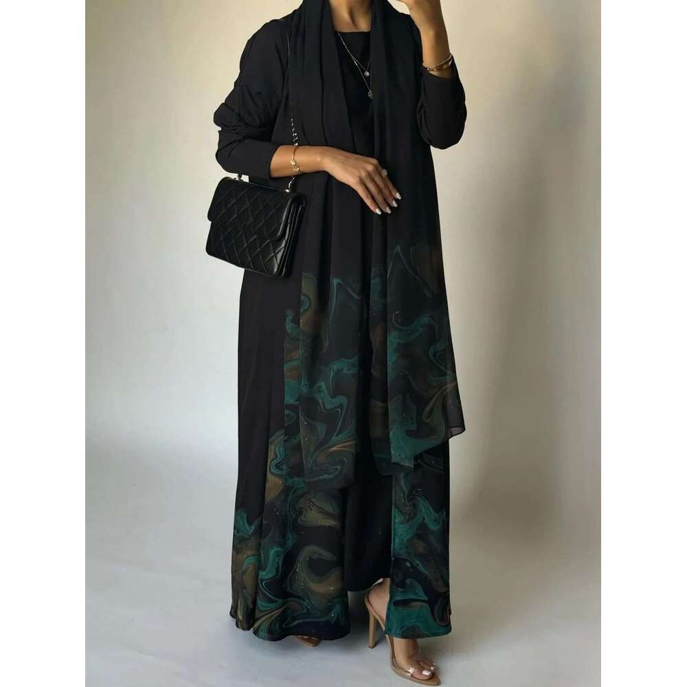 Middle Eastern Loose Open Front Abaya Muslim Full Sleeve Printed Abayas Turkey Kaftans Women Jilbabs Islamic Maxi Dresses